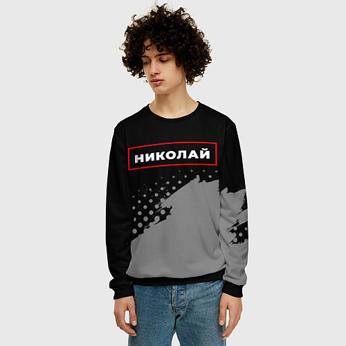 Мужской свитшот Николай - в красной рамке на темном / 3D-Черный – фото 3