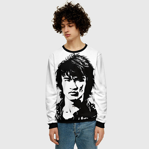 Мужской свитшот Виктор Цой чёрно-белый рисунок / 3D-Черный – фото 3