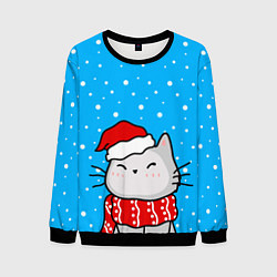 Свитшот мужской Снегопад - котик в шапочке, цвет: 3D-черный