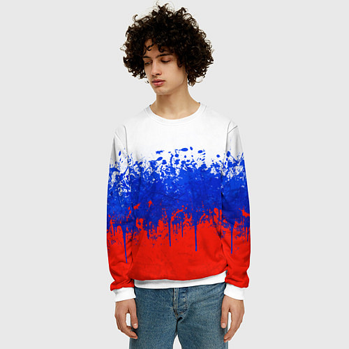Мужской свитшот Флаг России с горизонтальными подтёками / 3D-Белый – фото 3