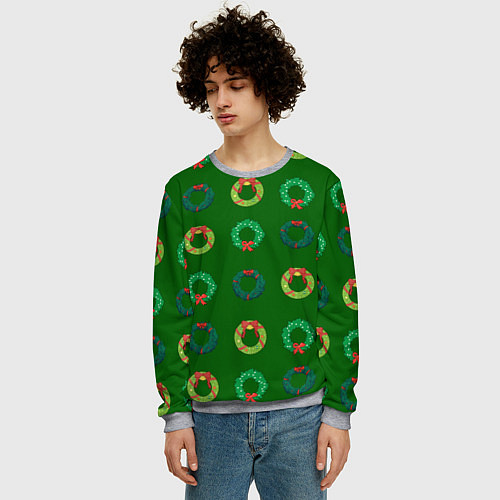 Мужской свитшот Зеленые рождественские венки омелы / 3D-Меланж – фото 3