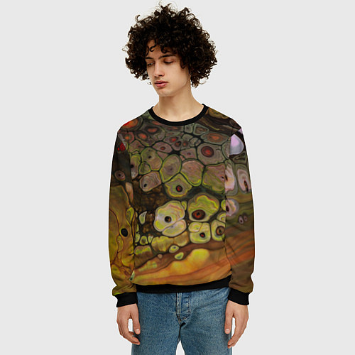 Мужской свитшот Оранжевые камни, вода и краски / 3D-Черный – фото 3