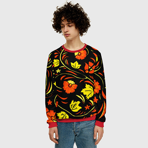 Мужской свитшот Хохлома черный фон / 3D-Красный – фото 3
