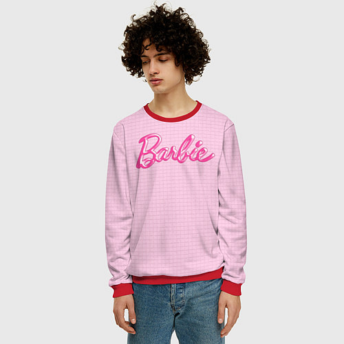 Мужской свитшот Барби - логотип на клетчатом фоне / 3D-Красный – фото 3