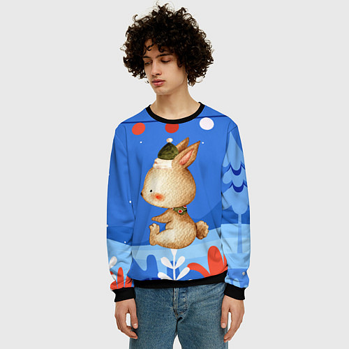 Мужской свитшот Зайка в шапке - новый год / 3D-Черный – фото 3