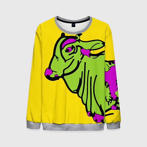 Мужской свитшот Зеленая корова на желтом фоне / 3D-Меланж – фото 1