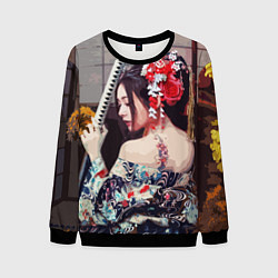 Свитшот мужской Японская девушка с самурайским мечом, цвет: 3D-черный