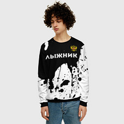 Свитшот мужской Лыжник из России и герб РФ: символ сверху, цвет: 3D-черный — фото 2