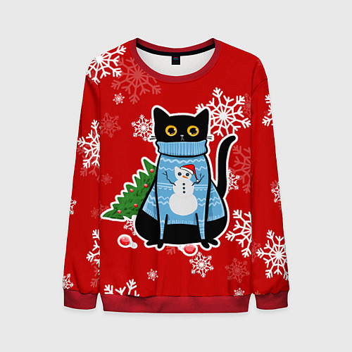 Мужской свитшот Котик в свитере с ёлочкой / 3D-Красный – фото 1