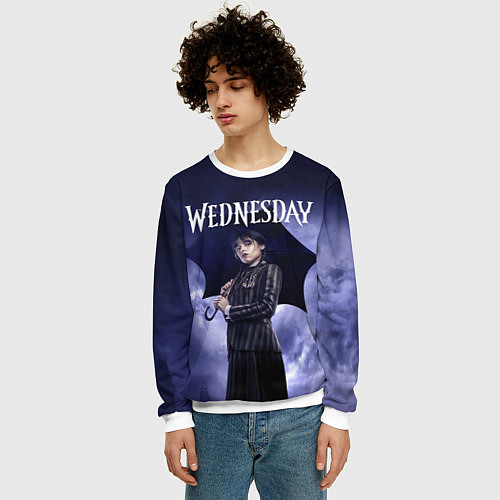 Мужской свитшот Уэнсдэй Аддамс с зонтиком / 3D-Белый – фото 3