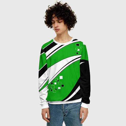 Мужской свитшот Абстрактный узор черно зеленый с белым / 3D-Белый – фото 3