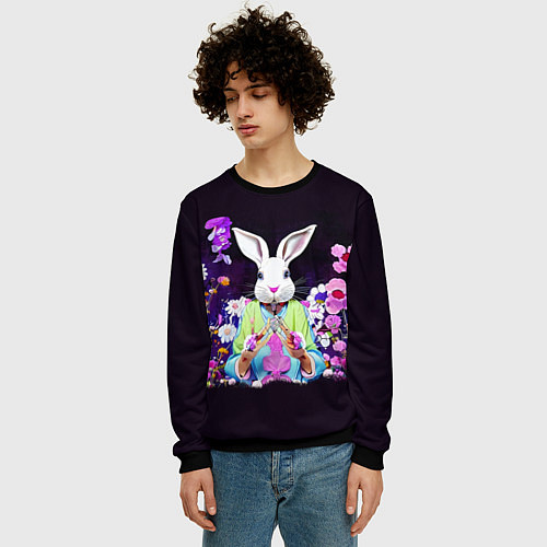 Мужской свитшот Кролик в цветах на черном фоне / 3D-Черный – фото 3