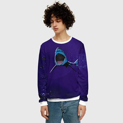 Мужской свитшот Акула в синем море / 3D-Белый – фото 3