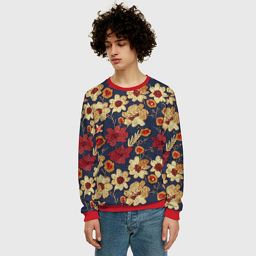 Мужской свитшот Эффект цветочной вышивки / 3D-Красный – фото 3