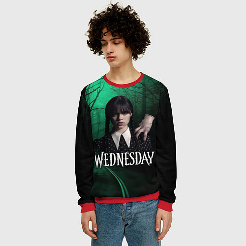 Мужской свитшот Уэнсдэй зеленый лес / 3D-Красный – фото 3