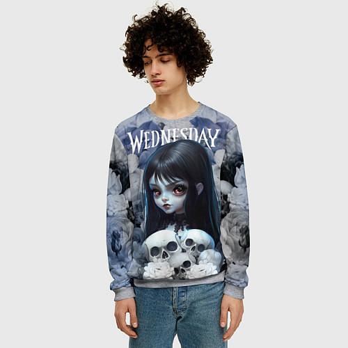 Мужской свитшот Уэнсдей Адамс в цветах - мрачный арт / 3D-Меланж – фото 3