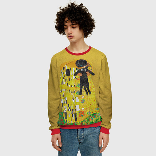 Мужской свитшот Пародия Густав Климт: Поцелуй кота / 3D-Красный – фото 3