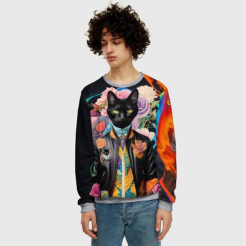 Мужской свитшот Модный чёрный кот - нейросеть - мода / 3D-Меланж – фото 3