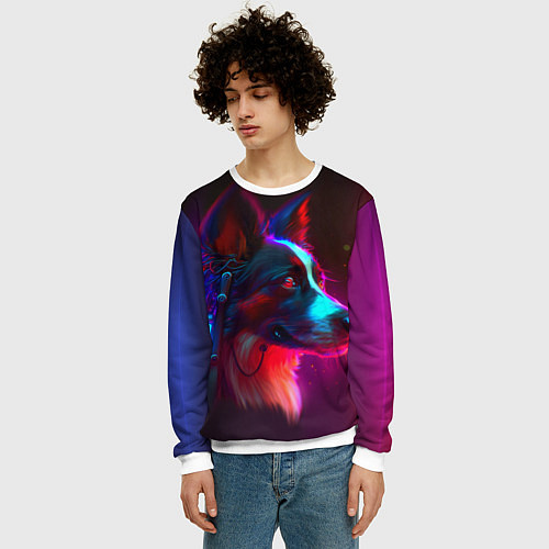 Мужской свитшот Кибер-собака неон / 3D-Белый – фото 3