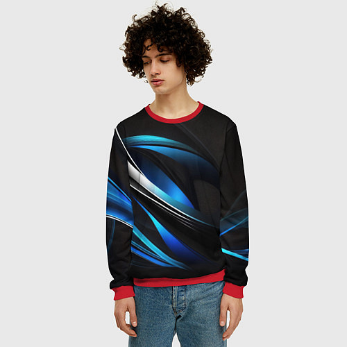 Мужской свитшот Абстрактные синие и белые линии на черном фоне / 3D-Красный – фото 3