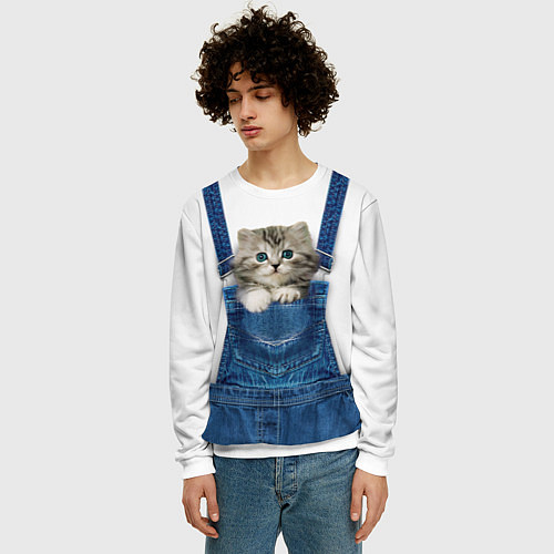 Мужской свитшот Котенок в кармане комбинезона / 3D-Белый – фото 3