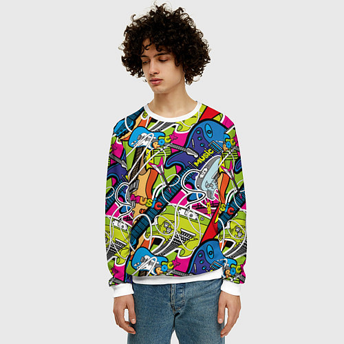 Мужской свитшот Guitars - pop art pattern / 3D-Белый – фото 3