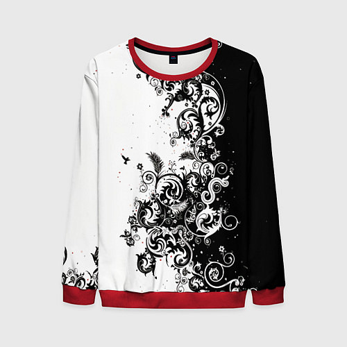 Мужской свитшот Черно-белая птица среди узорчатых цветов / 3D-Красный – фото 1