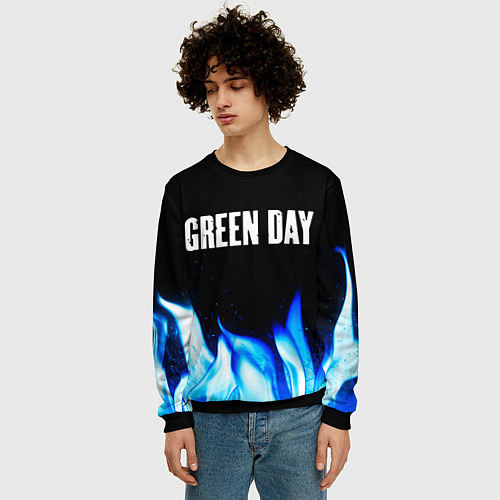 Мужской свитшот Green Day blue fire / 3D-Черный – фото 3