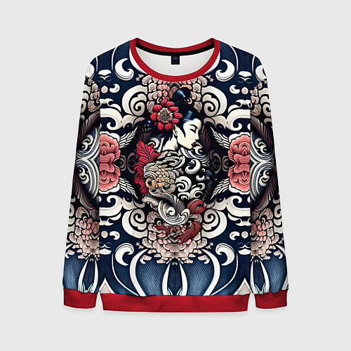 Мужской свитшот Irezumi style: девушка и синие узоры / 3D-Красный – фото 1