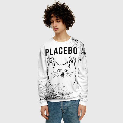 Мужской свитшот Placebo рок кот на светлом фоне / 3D-Белый – фото 3