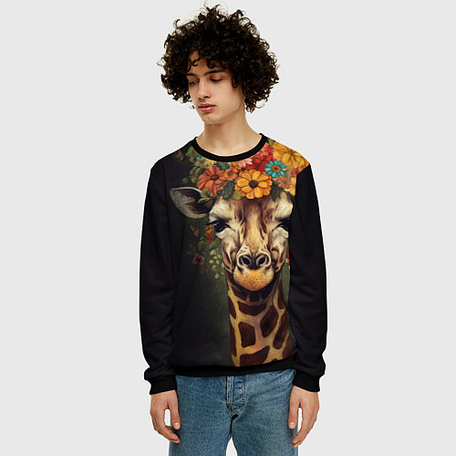 Мужской свитшот Портрет жирафа с цветами: арт нейросети / 3D-Черный – фото 3