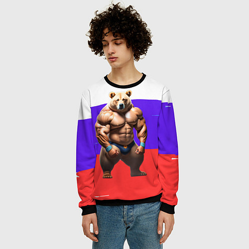 Мужской свитшот Накаченный медведь на Российском флаге / 3D-Черный – фото 3