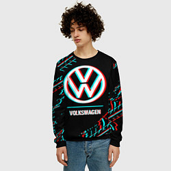 Свитшот мужской Значок Volkswagen в стиле glitch на темном фоне, цвет: 3D-черный — фото 2