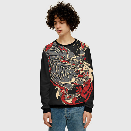 Мужской свитшот Борьба тигра с драконом / 3D-Черный – фото 3