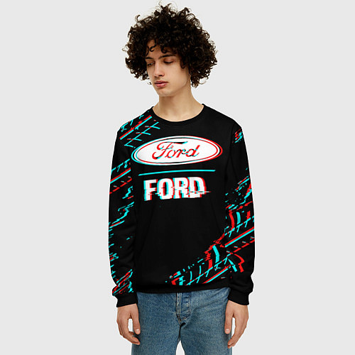Мужской свитшот Значок Ford в стиле glitch на темном фоне / 3D-Черный – фото 3