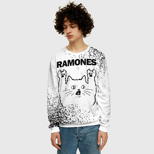 Мужской свитшот Ramones рок кот на светлом фоне / 3D-Белый – фото 3