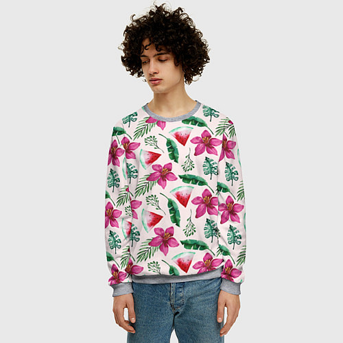 Мужской свитшот Арбузы, цветы и тропические листья / 3D-Меланж – фото 3