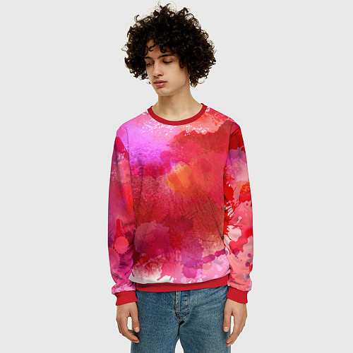Мужской свитшот Брызги акварели на белом / 3D-Красный – фото 3