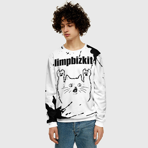 Мужской свитшот Limp Bizkit рок кот на светлом фоне / 3D-Белый – фото 3