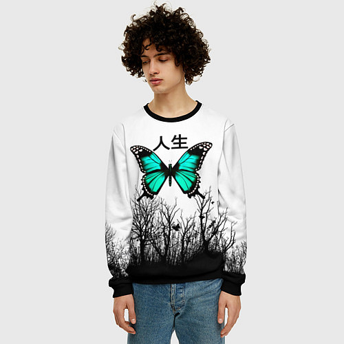 Мужской свитшот С бабочкой на фоне японского иероглифа / 3D-Черный – фото 3