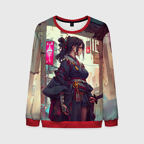 Мужской свитшот Кибер самурай девушка / 3D-Красный – фото 1