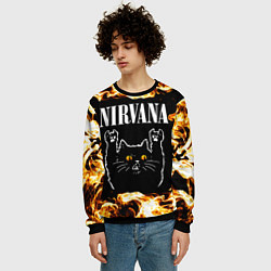 Свитшот мужской Nirvana рок кот и огонь, цвет: 3D-черный — фото 2