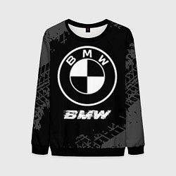 Свитшот мужской BMW speed на темном фоне со следами шин, цвет: 3D-черный