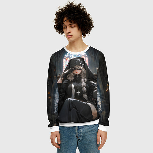 Мужской свитшот Монашка 2b от нейросети / 3D-Белый – фото 3