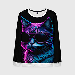 Свитшот мужской Неоновый котик в очках, цвет: 3D-белый