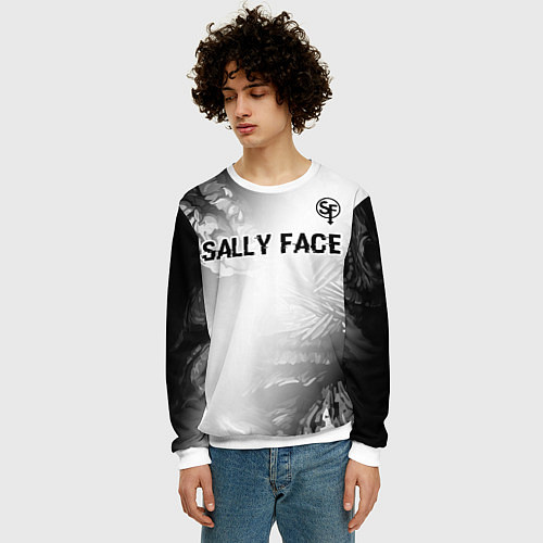 Мужской свитшот Sally Face glitch на светлом фоне: символ сверху / 3D-Белый – фото 3