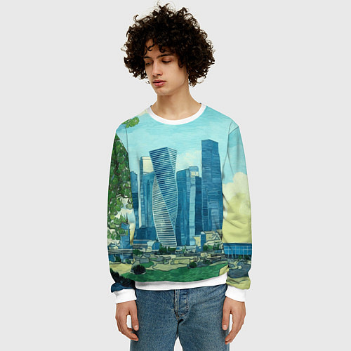 Мужской свитшот Москва-сити Ван Гог / 3D-Белый – фото 3