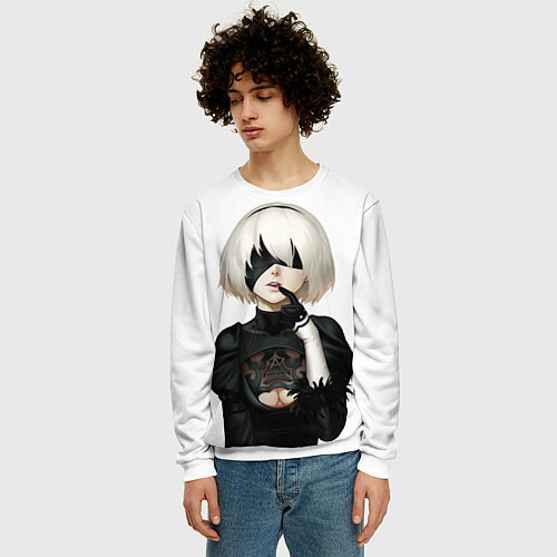 Мужской свитшот Nier: Automata - 2B Кибергражданка / 3D-Белый – фото 3