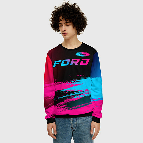 Мужской свитшот Ford - neon gradient: символ сверху / 3D-Черный – фото 3