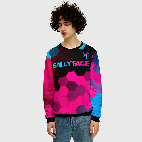 Мужской свитшот Sally Face - neon gradient: символ сверху / 3D-Черный – фото 3